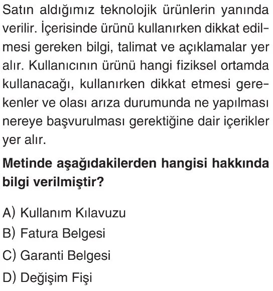 5. Sınıf Teknolojik Ürünlerin Bilinçli Kullanımı Test 1 Soru 1
